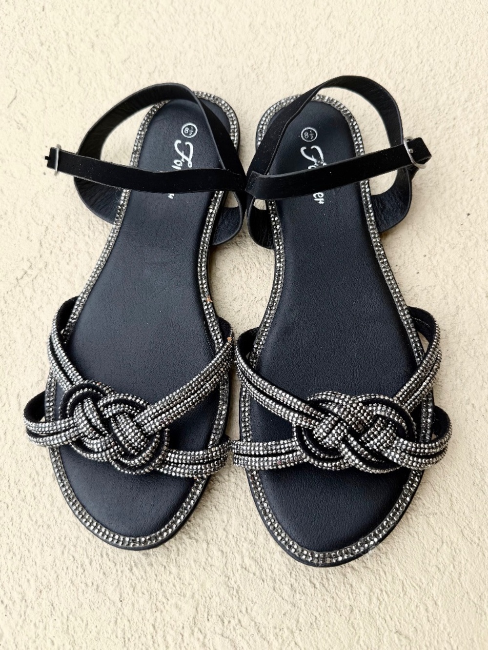 Forever Link Black Rhinestone Flat Sandals, Size 8.5